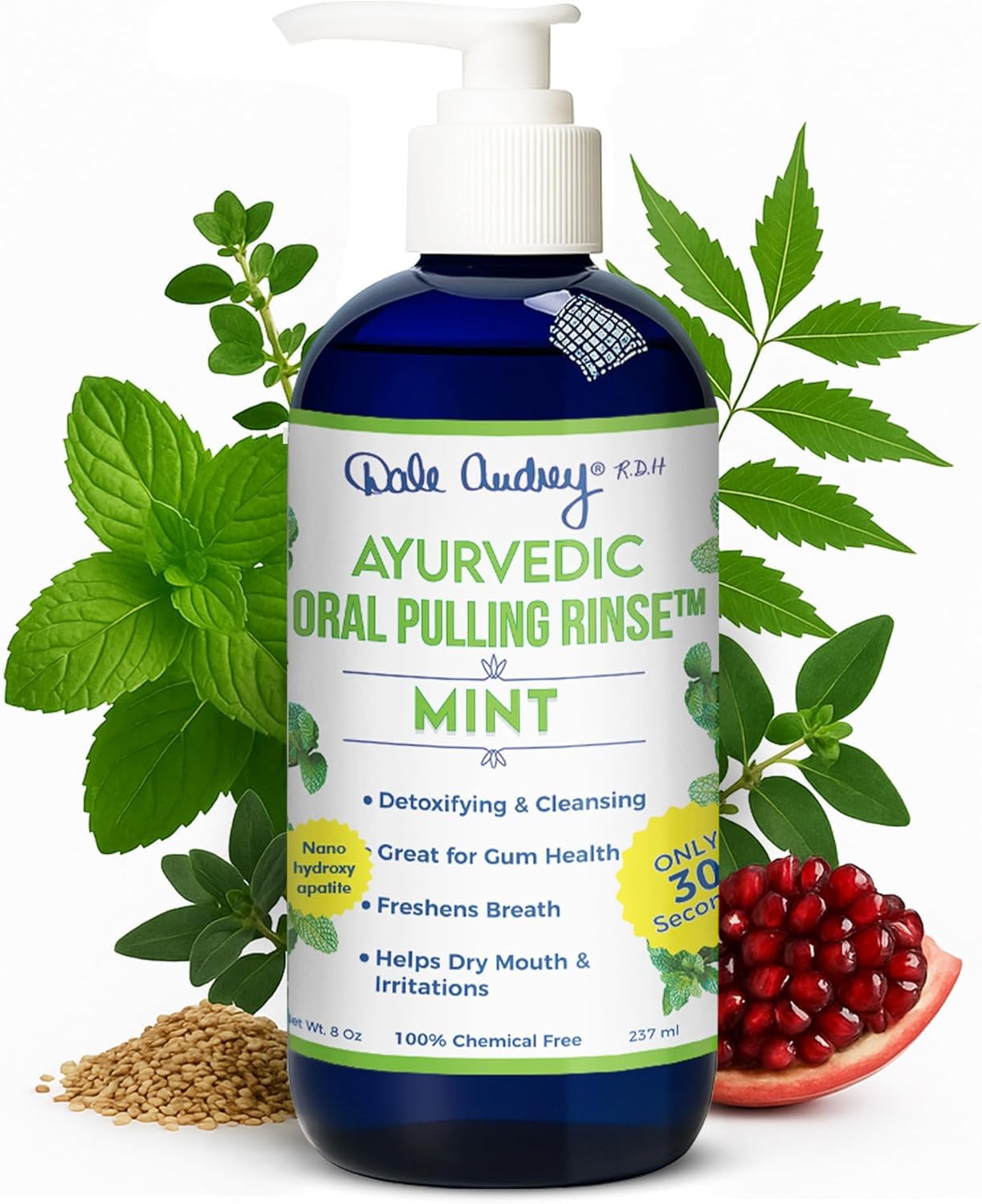 Dale Audrey nano-hydroxyapatite mouthwash bottle being poured for a refreshing rinse supporting enamel care.