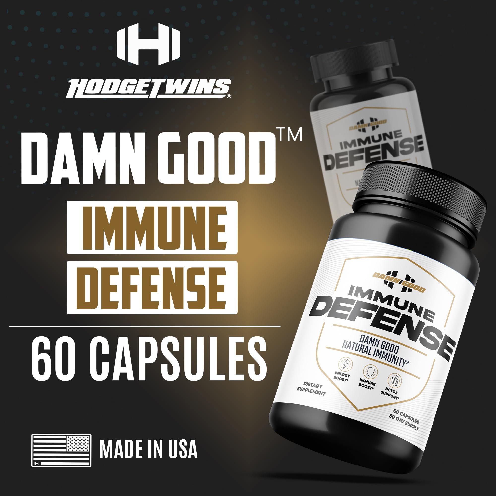 DAMN GOOD Hodge Twins Immune Defense capsules highlight sea moss and oregano ingredients