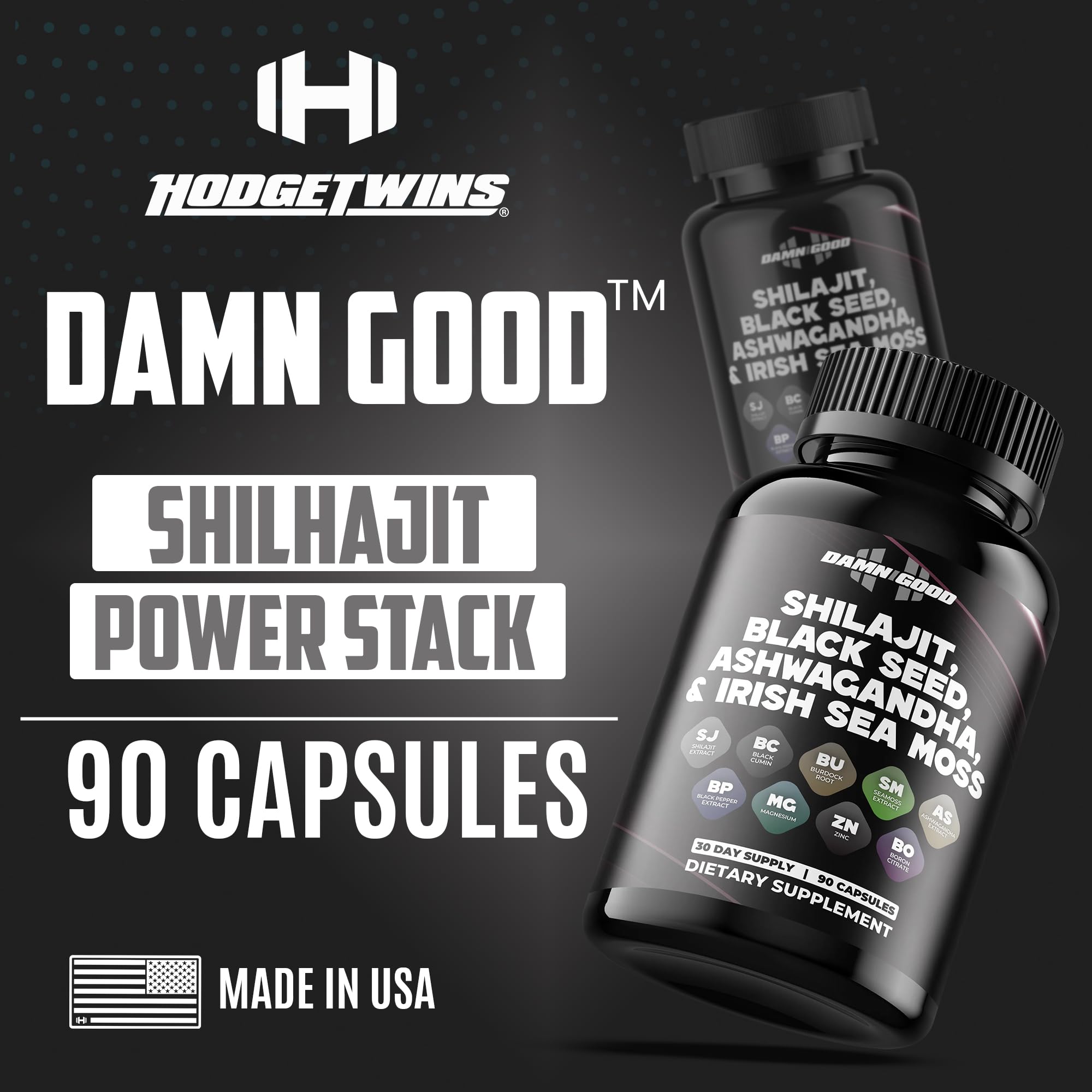 Label detail on the DAMN GOOD product highlights organic shilajit and ashwagandha ingredients.