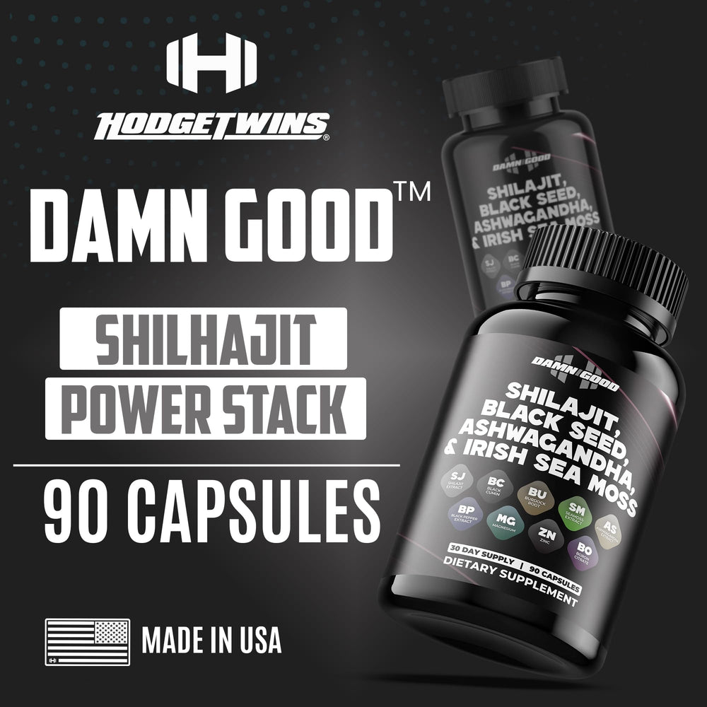 Label detail on the DAMN GOOD product highlights organic shilajit and ashwagandha ingredients.