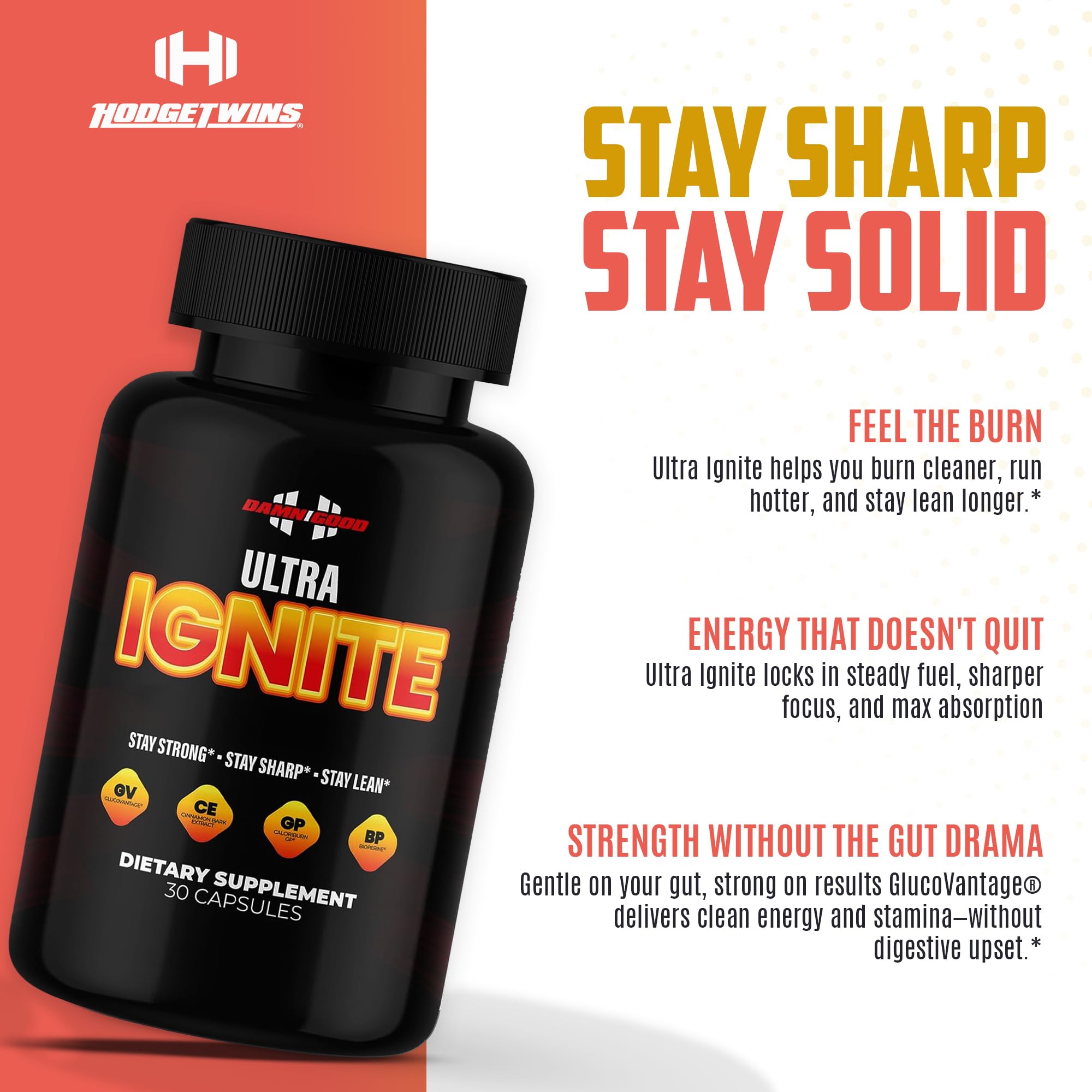 Damn Good Hodge Twins Ultra Ignite bottle-side view highlighting smooth digestion support