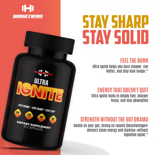 Damn Good Hodge Twins Ultra Ignite bottle-side view highlighting smooth digestion support