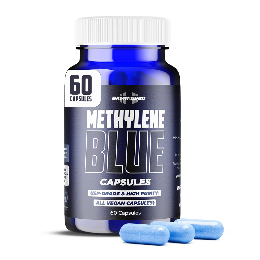 DAMN GOOD Hodge Twins Ultra Methylene Blue bottle highlights USP-grade purity for dependable quality.