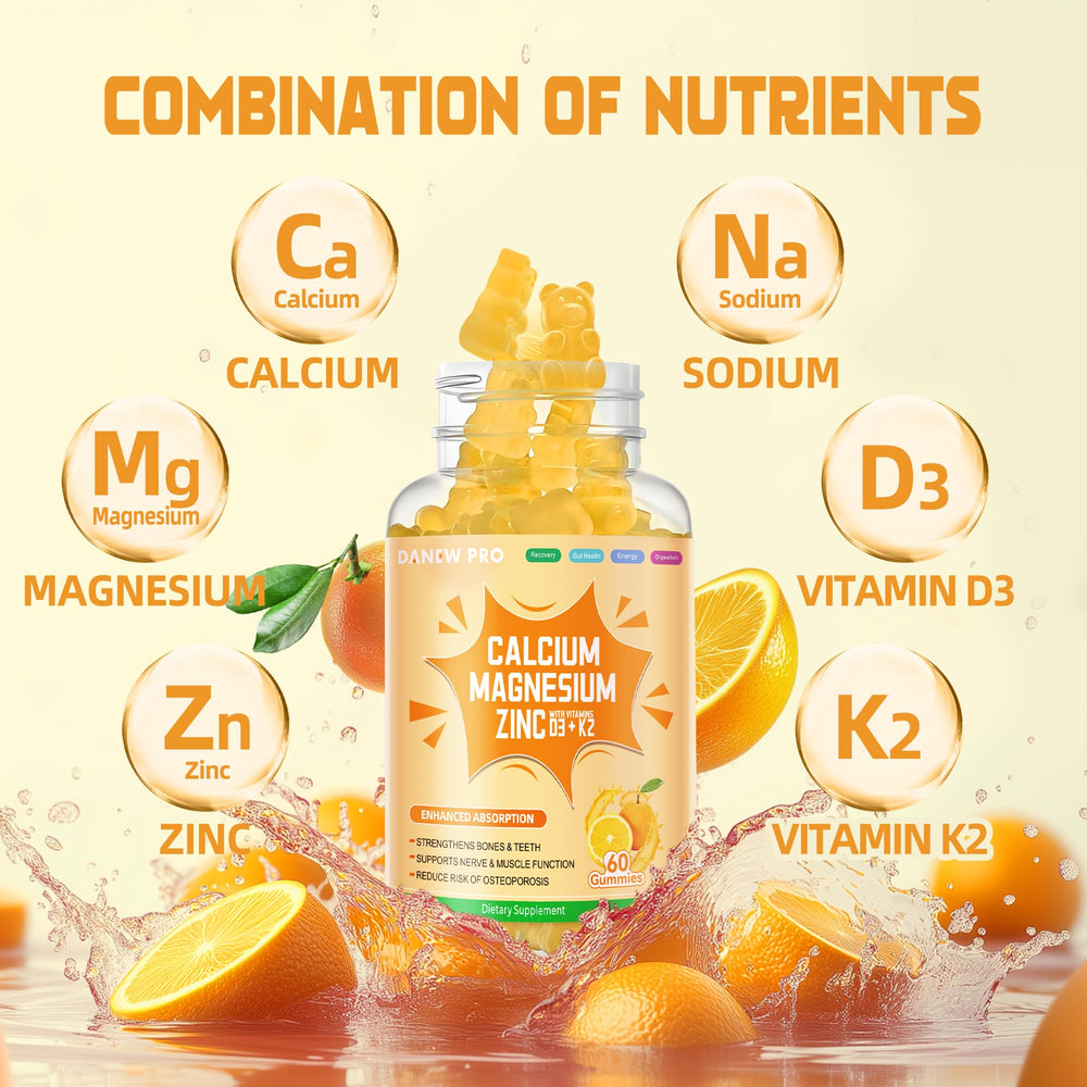 DANEW Pro orange-berry gummies closeup highlighting fruity flavor.