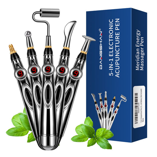 Dangshan 5-in-1 acupuncture pen front view, portable for on-the-go muscle care.