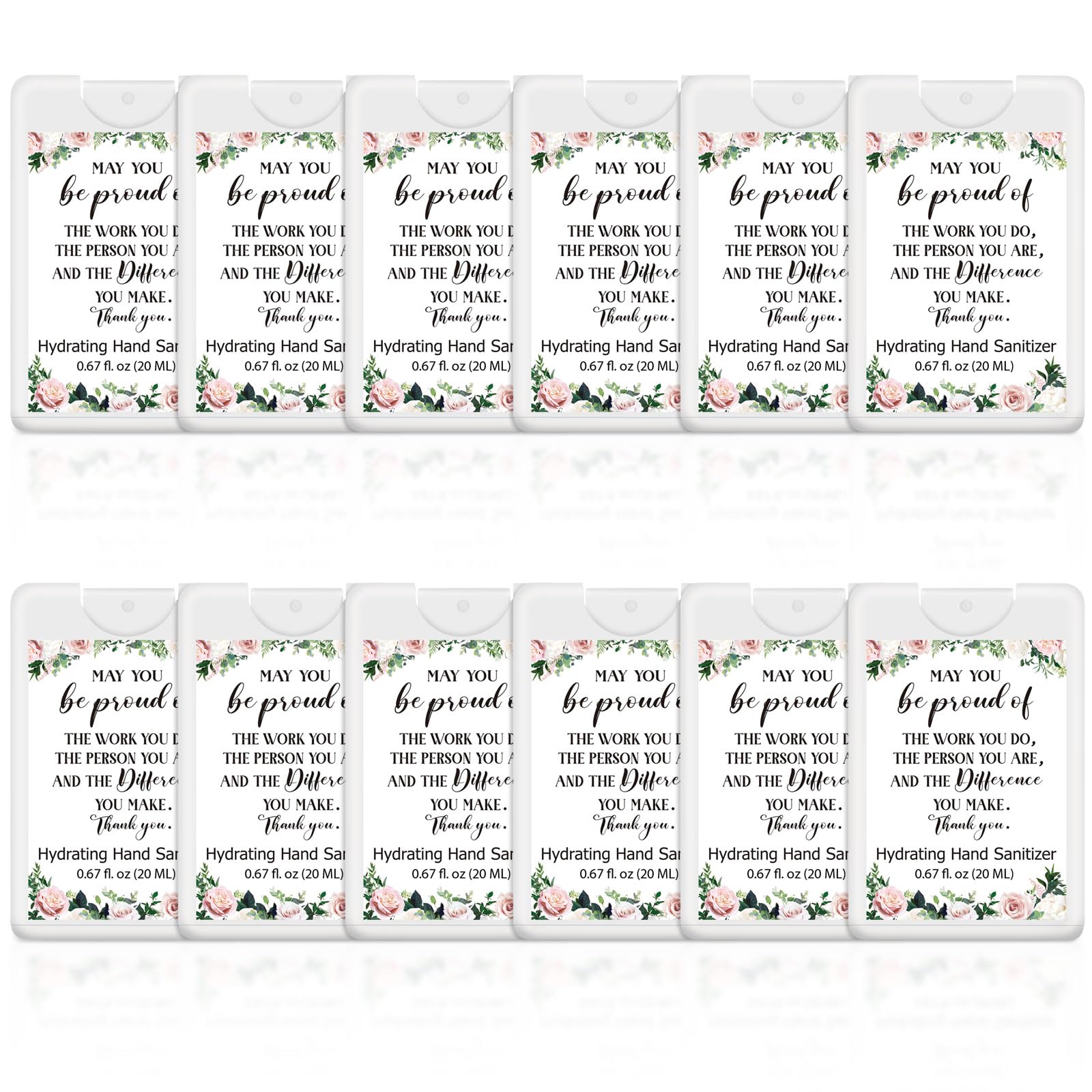 Dansib 24-pack travel hand sanitizer sprays with inspirational Thank You messages for gifting.