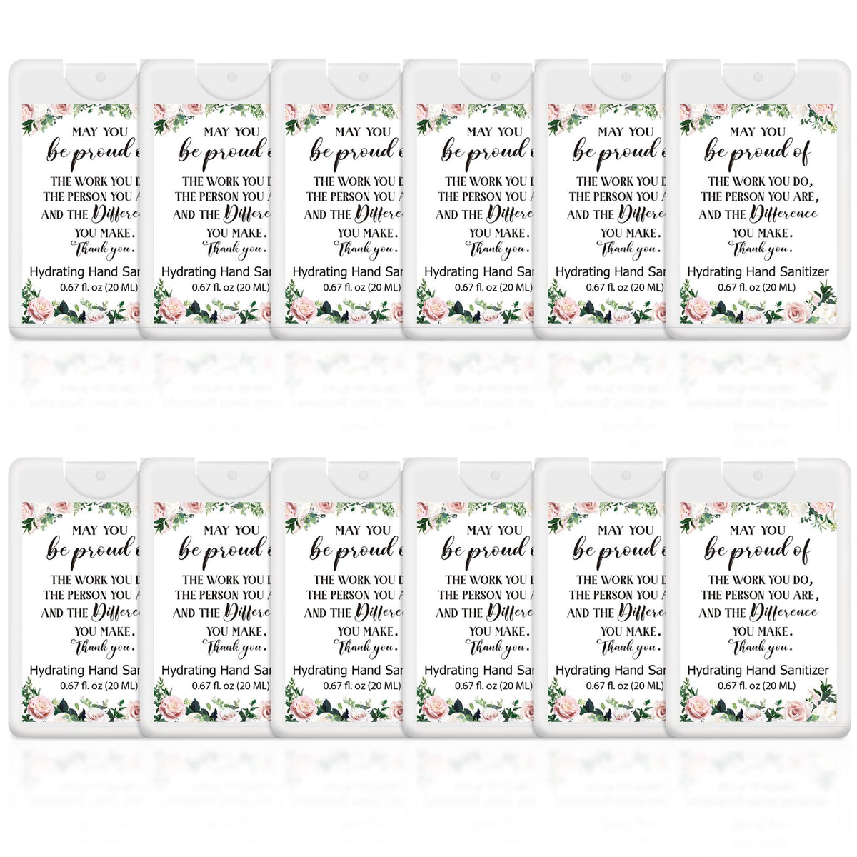 Dansib 24-pack travel hand sanitizer sprays with inspirational Thank You messages for gifting.