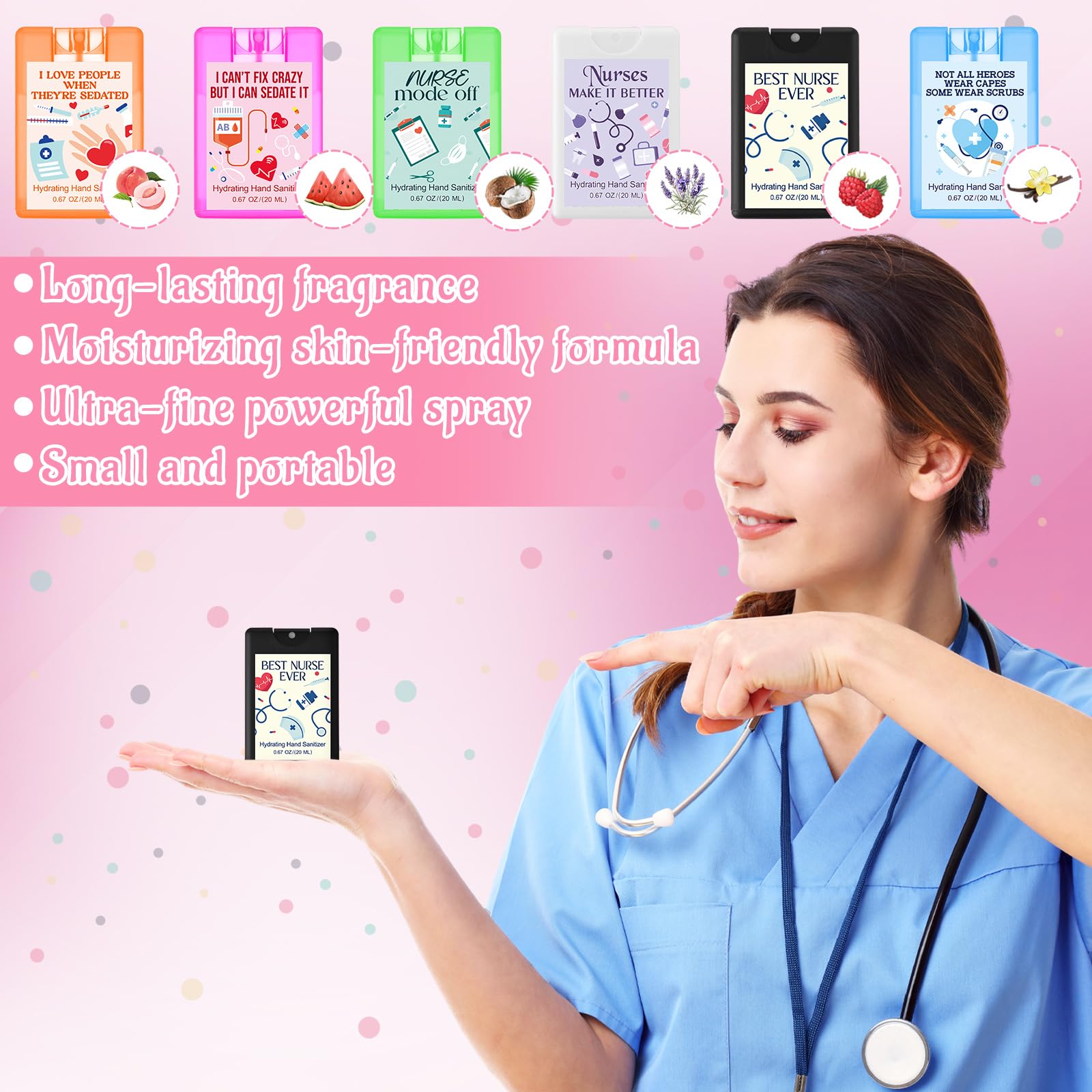 Dansib Nurse Sanitizer Spray six-scent variety highlights daily fragrance options.
