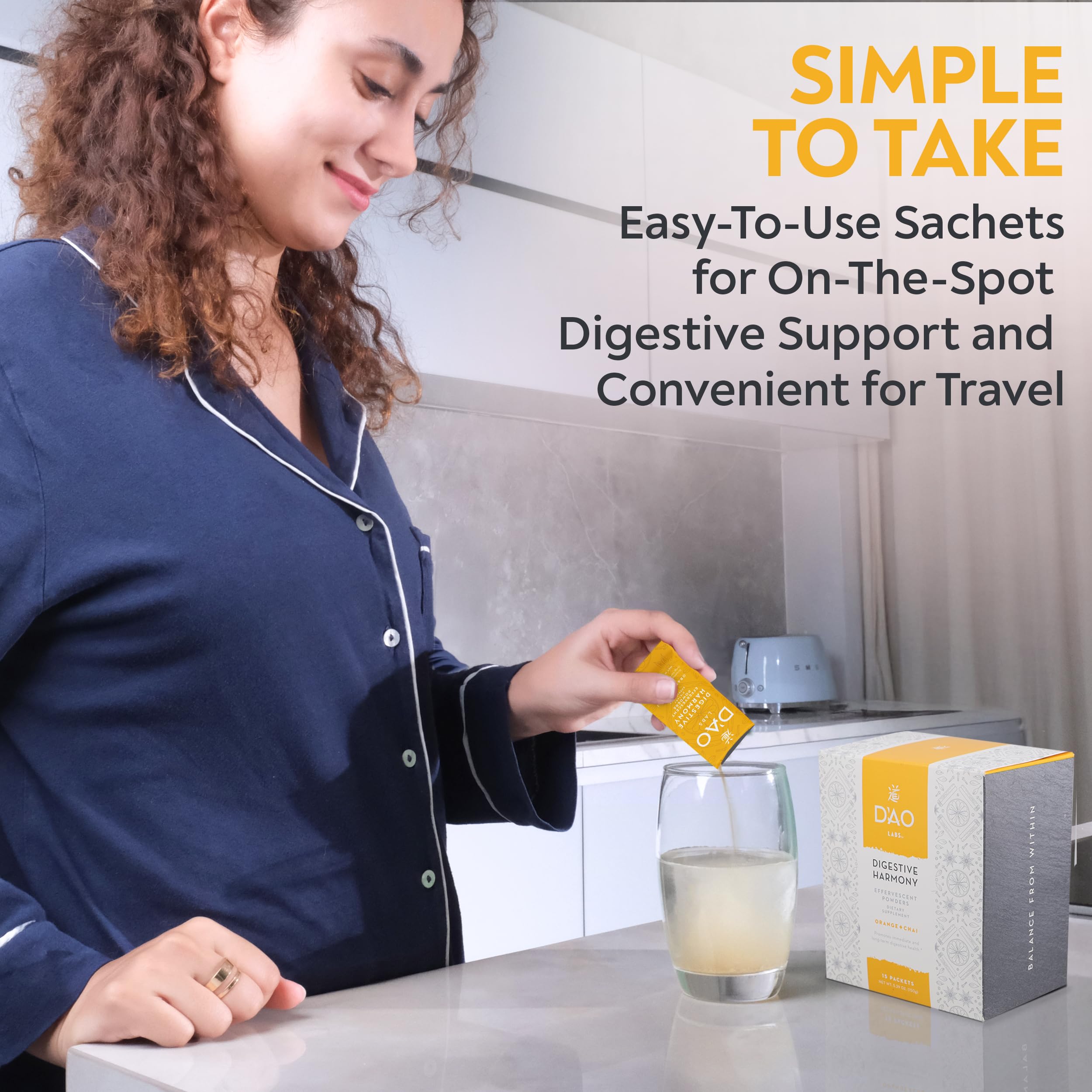 DAO Labs Digestive Harmony effervescent powder fizzing in water with citrus aroma