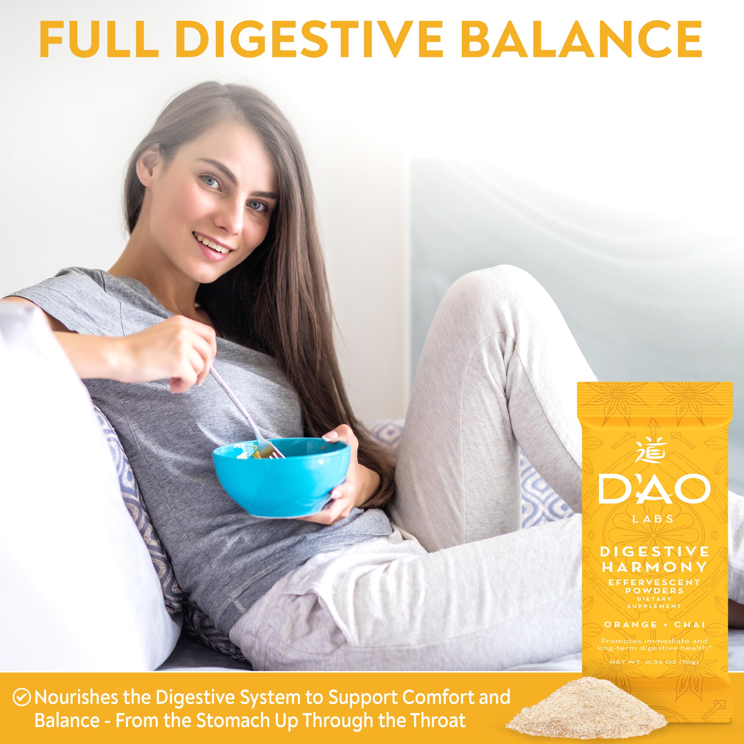 DAO Labs Digestive Harmony herbal blend in a bowl showing eight sustainably sourced herbs