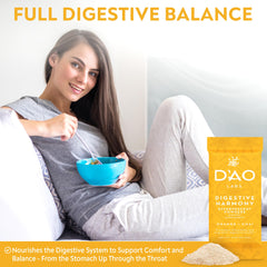 DAO Labs Digestive Harmony herbal blend in a bowl showing eight sustainably sourced herbs
