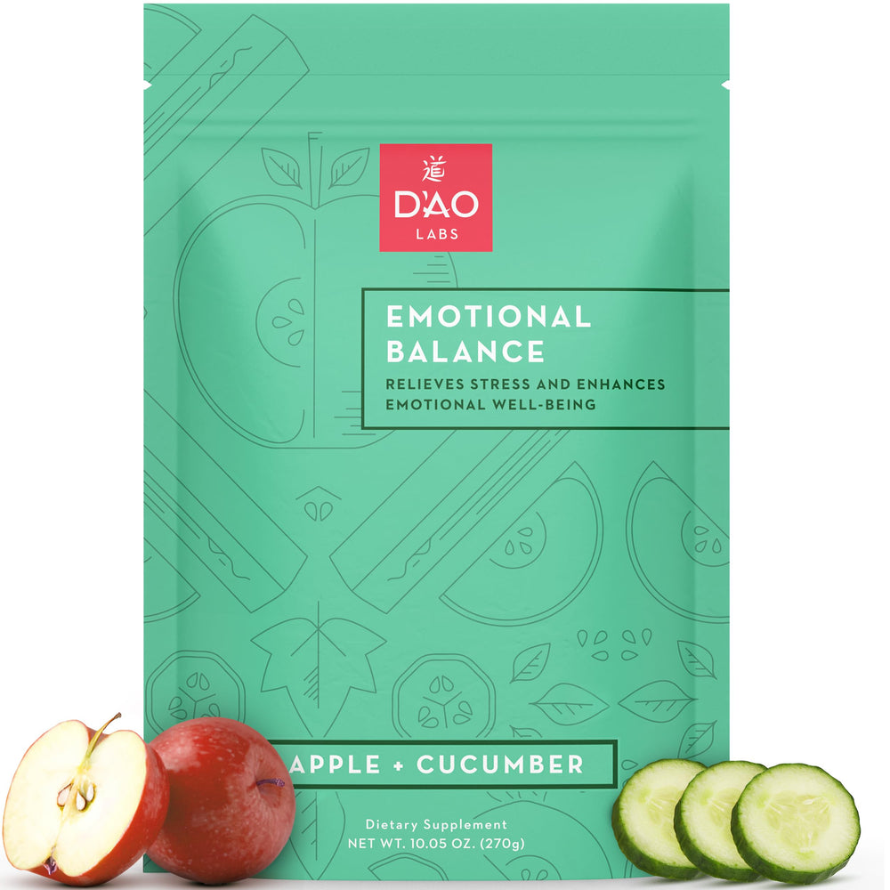 DAO Labs Emotional Balance powder tub with apple-cucumber flavor for daily calm and focus.