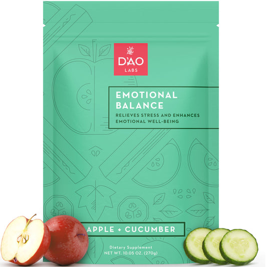DAO Labs Emotional Balance powder tub with apple-cucumber flavor for daily calm and focus.