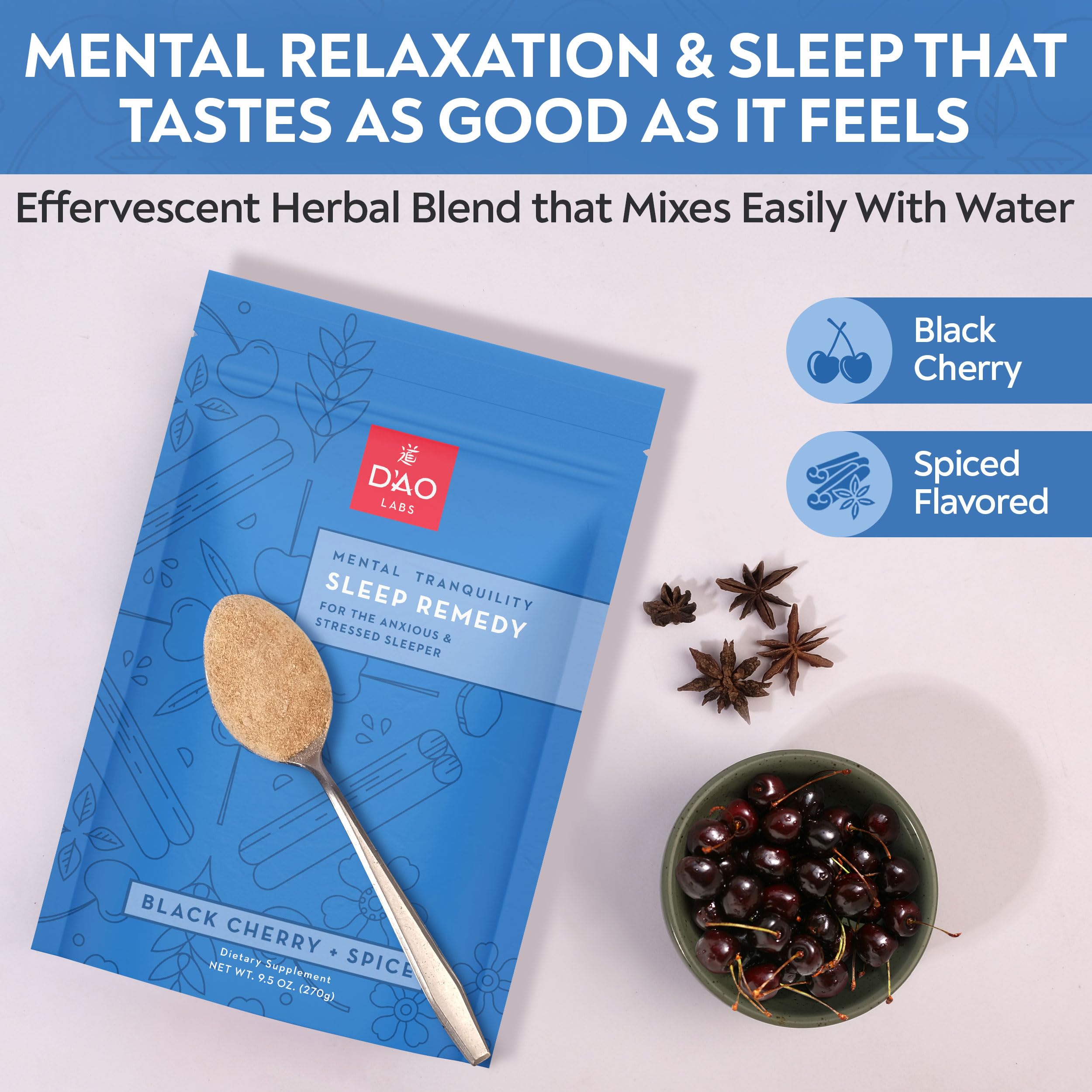 DAO Labs Mental Tranquility black cherry and spice flavor label.