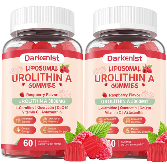 Darkenlst 2-pack liposomal urolithin A gummies bottle enhances delivery for daily use.