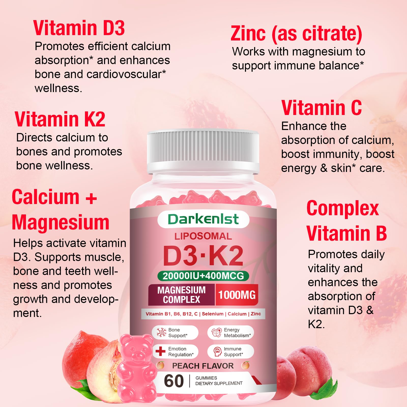 Darkenlst D3 K2 magnesium gummies label highlights magnesium complex for daytime energy