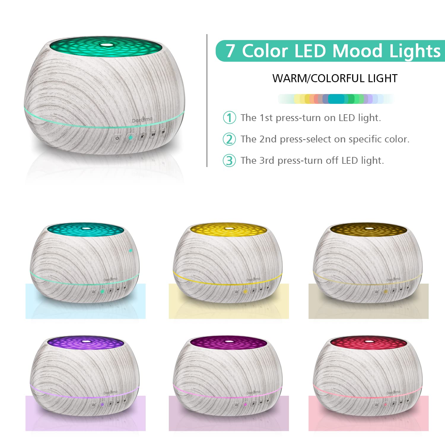 DAROMA 1000ML diffuser LED color cycle highlighting ambient lighting options