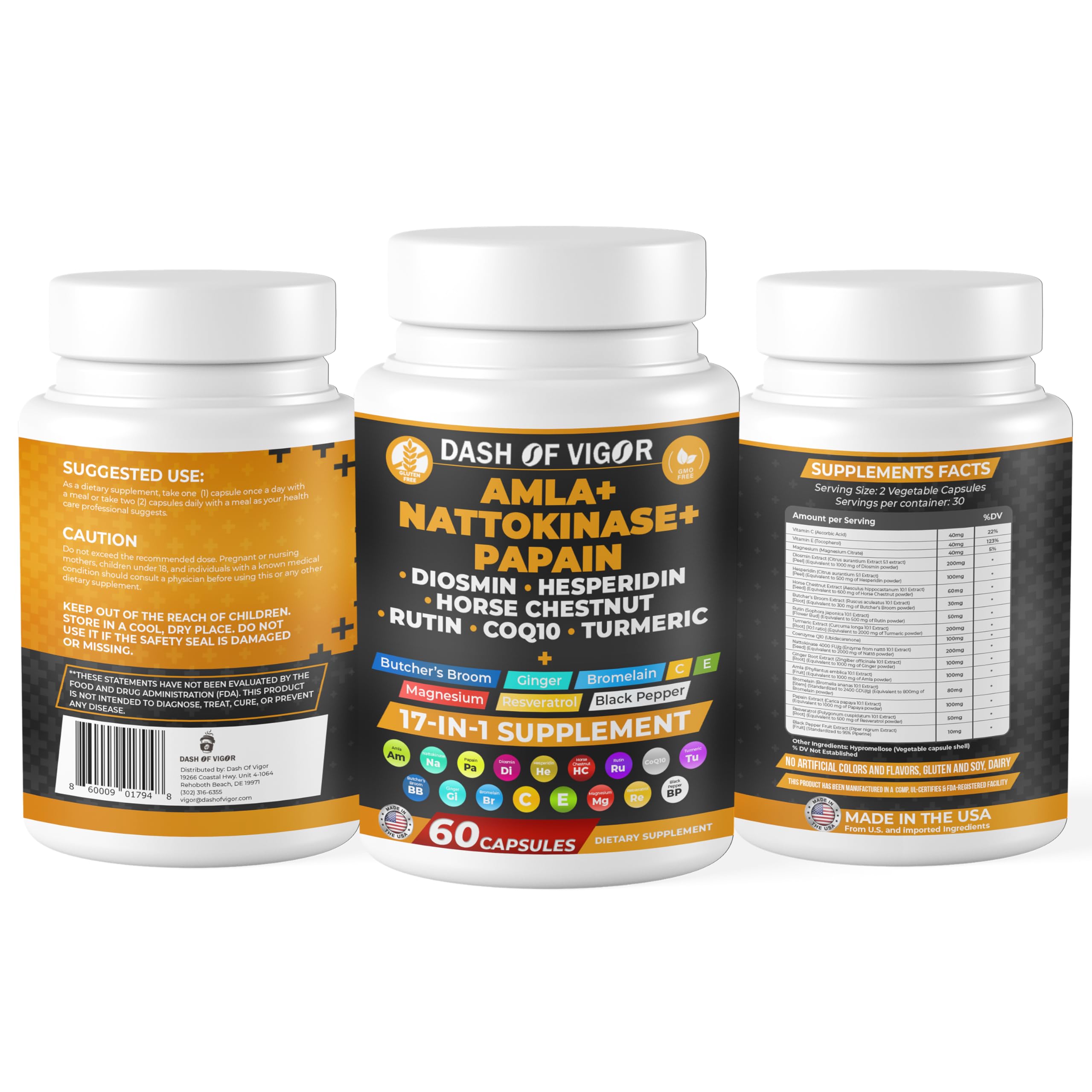 Dash of Vigor CoQ10 turmeric capsules in bottle highlighting antioxidant blend