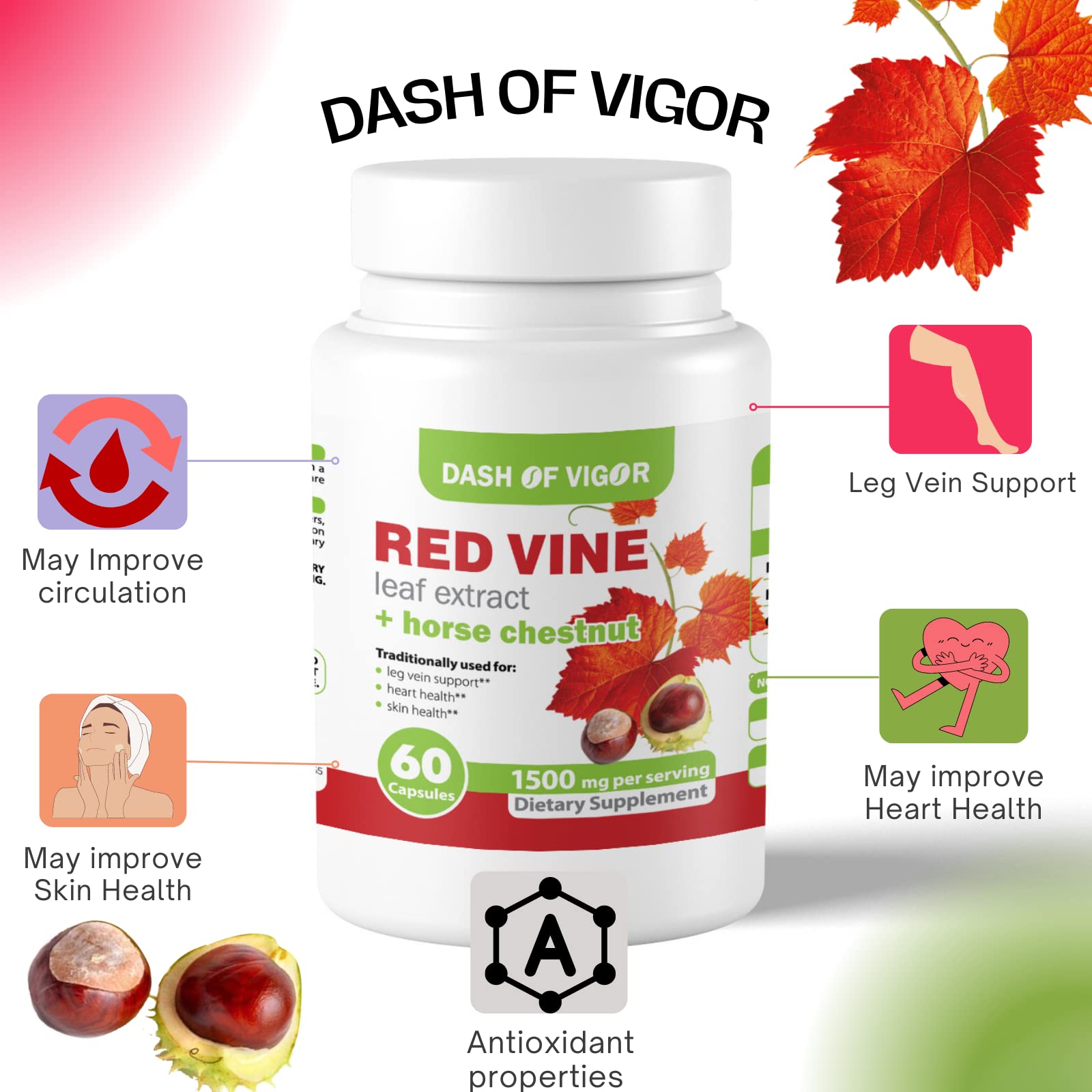 Dash of Vigor label highlights vegan natural ingredients and 60 capsules