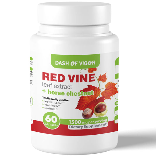 Dash of Vigor red vine leaf extract bottle pouring capsules for daily wellness