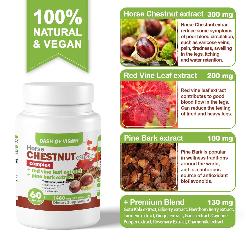 Dash of Vigor red vine leaf extract bottle highlights antioxidant-rich botanicals for overall wellness