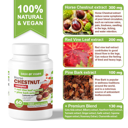 Dash of Vigor red vine leaf extract bottle highlights antioxidant-rich botanicals for overall wellness