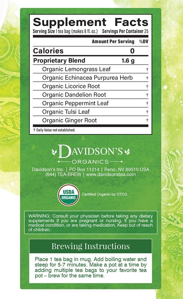 Davidson's Organics tea bag display, emphasizing organic heritage and trust.