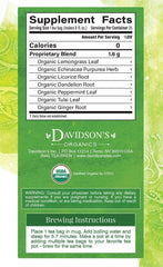 Davidson's Organics tea bag display, emphasizing organic heritage and trust.