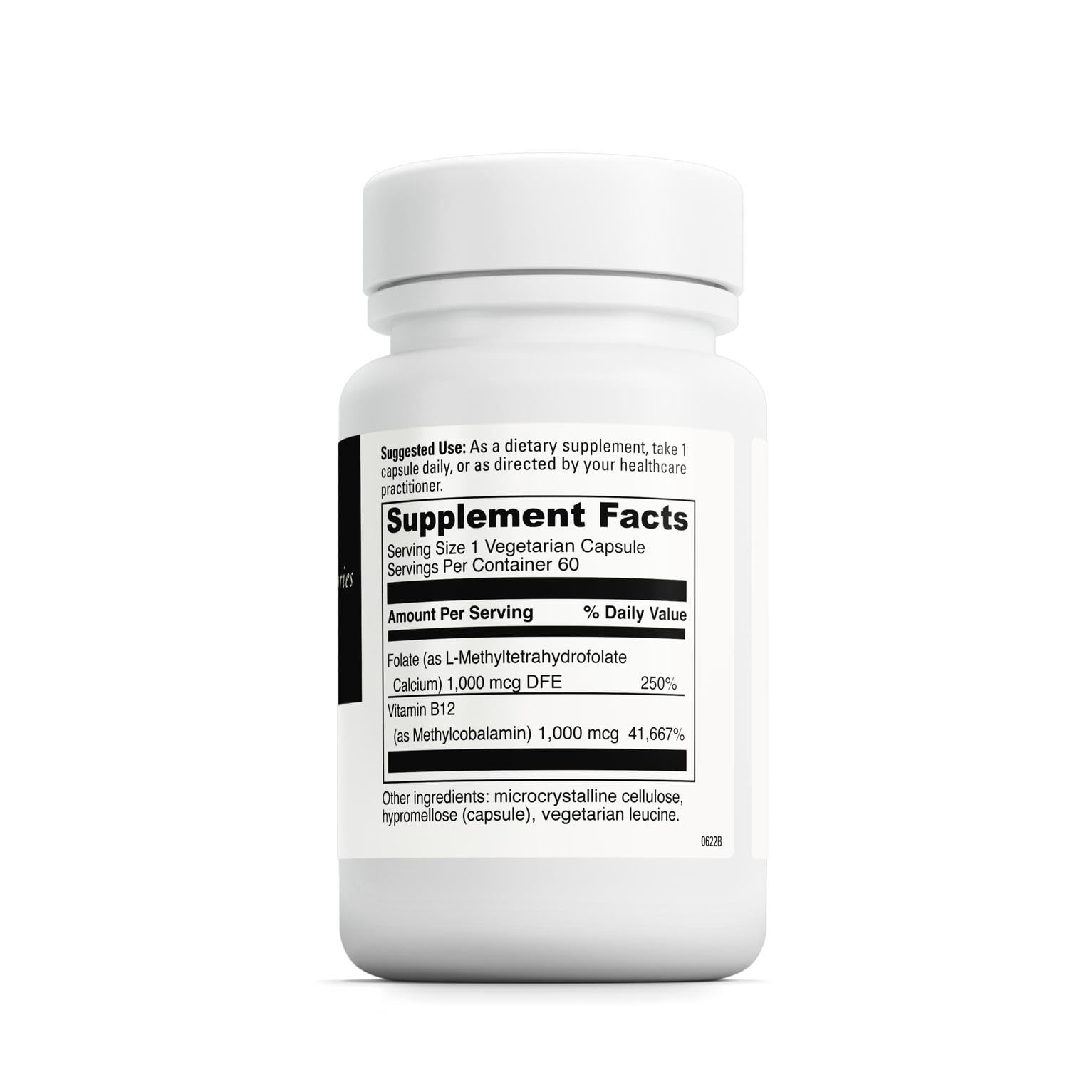 DaVinci 5-MTHF/B12 MC 2000 bottle side with dosage information