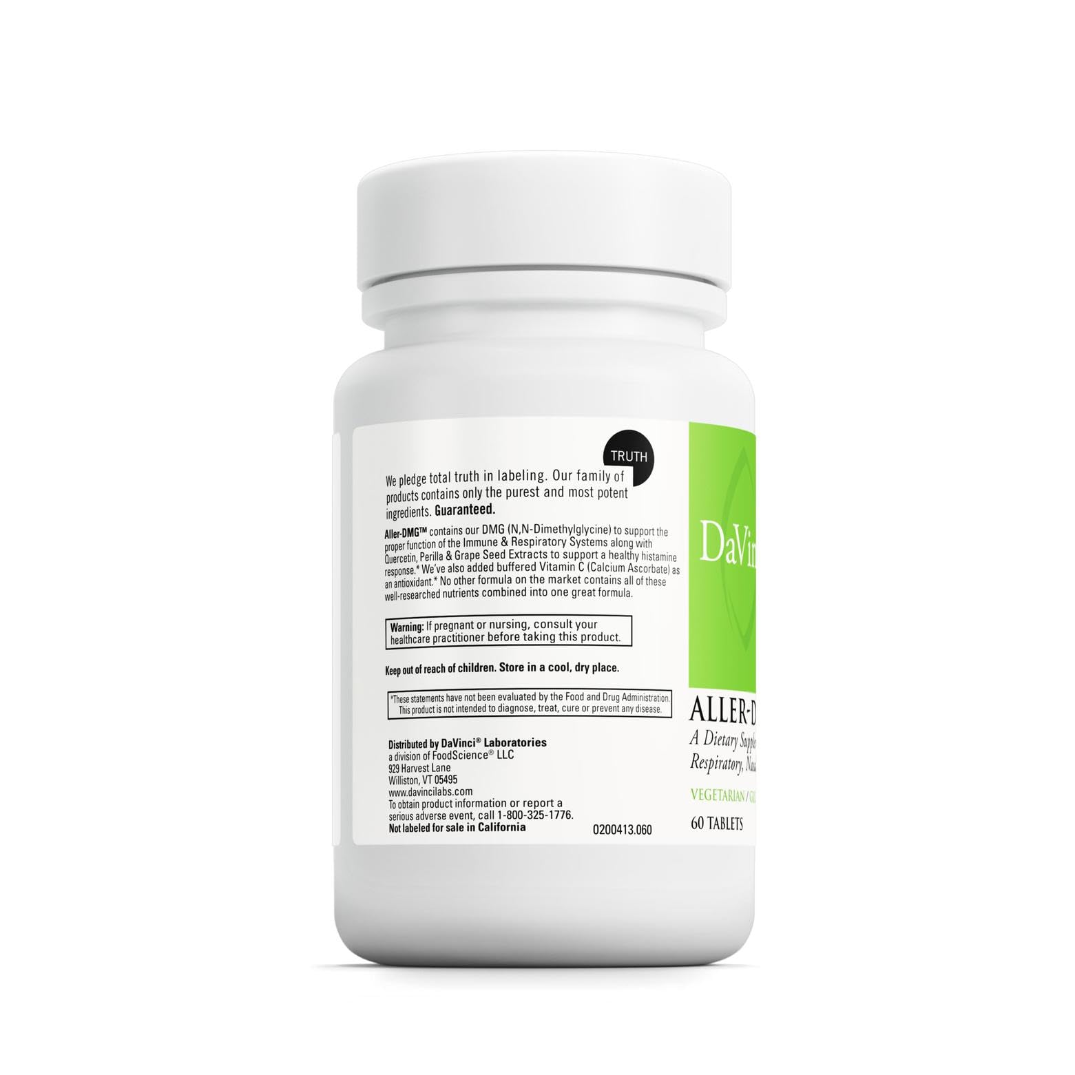 DAVINCI Aller-DMG packaging box, gluten-free supplement for respiratory comfort.