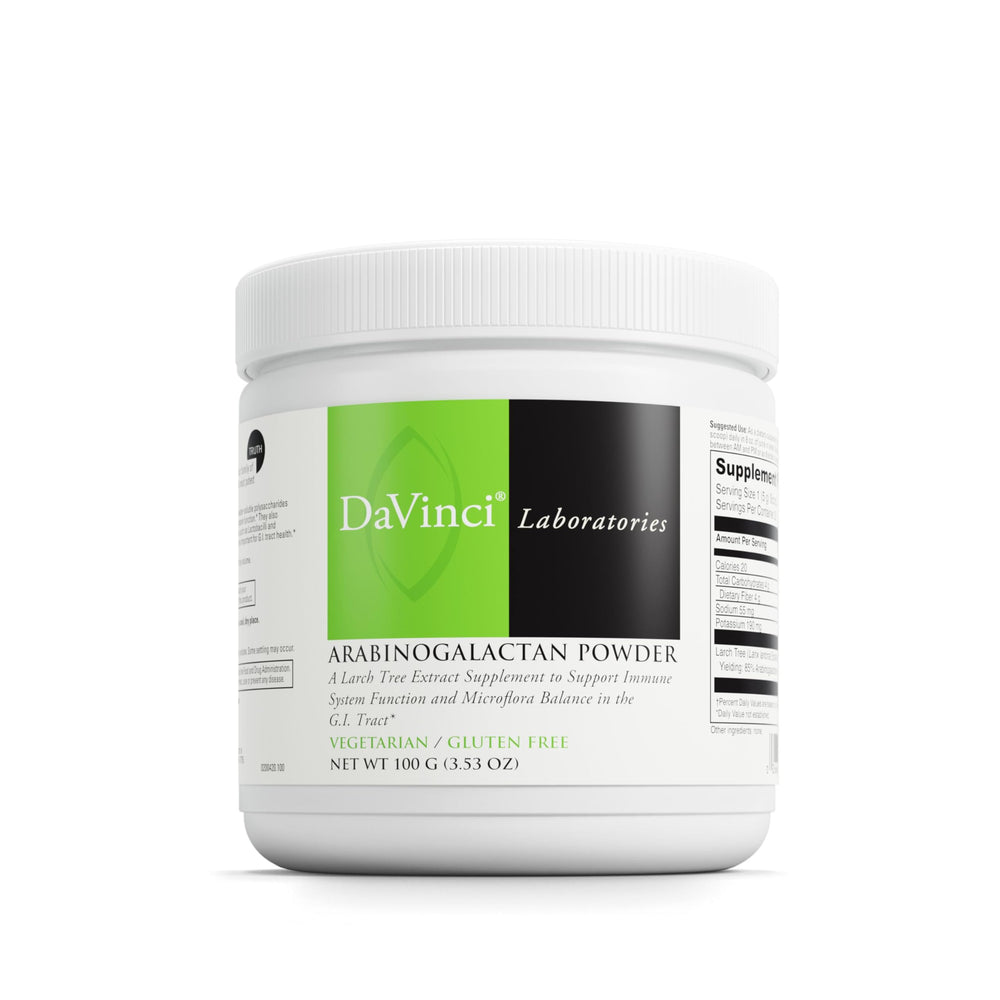 DAVINCI Arabinogalactan powder bottle shown for immune and gut support.