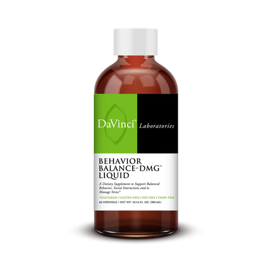 DAVINCI Balance DMG Liquid bottle shown with label; supports stress coping and mental clarity.