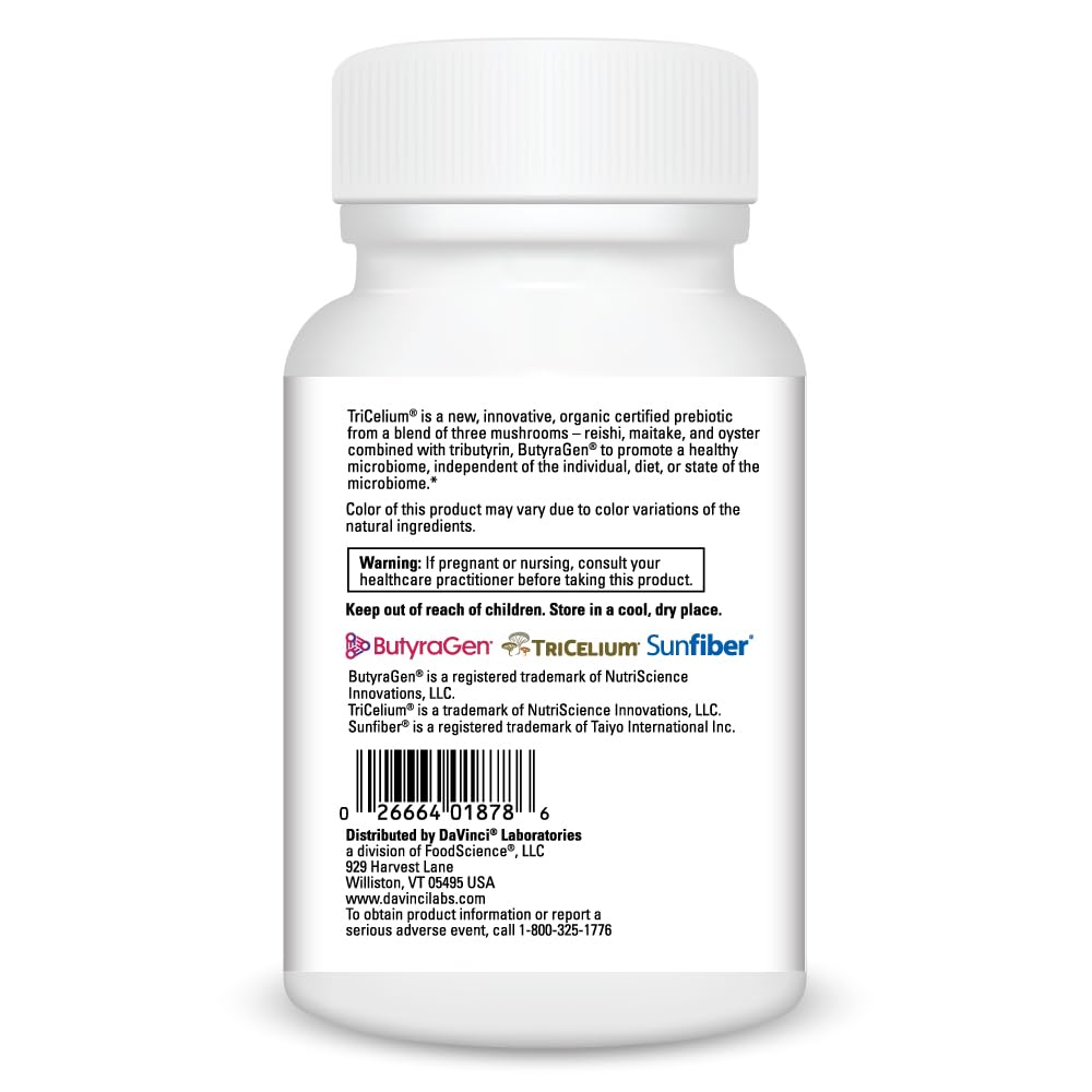 DAVINCI ButyraGen Tributyrin capsules showing targeted butyrate support and digestion use