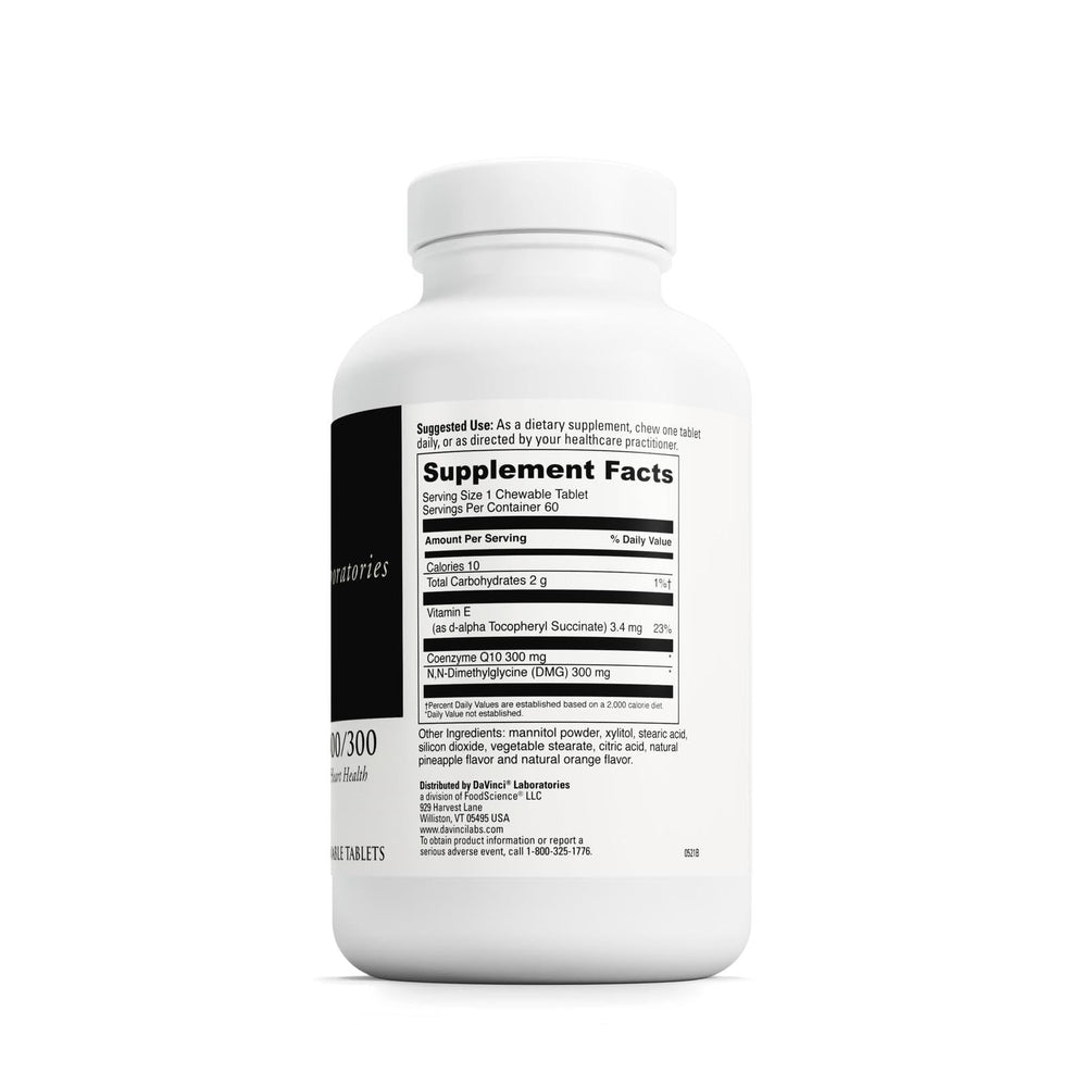 DAVINCI CoQ10 DMG tablets on a bright label highlighting heart health benefits.