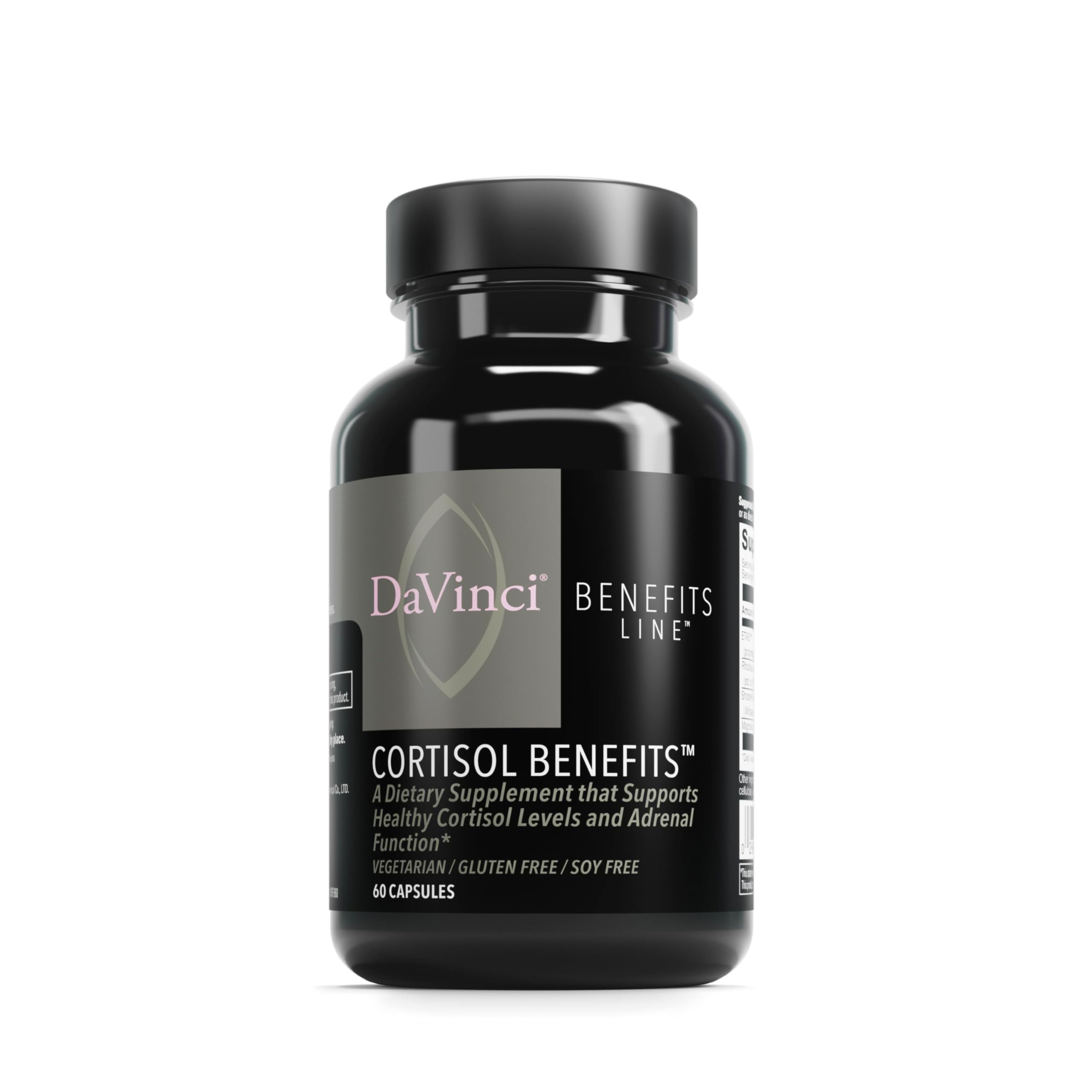 DaVinci Cortisol Benefits bottle front showing herbal blend for daily balance