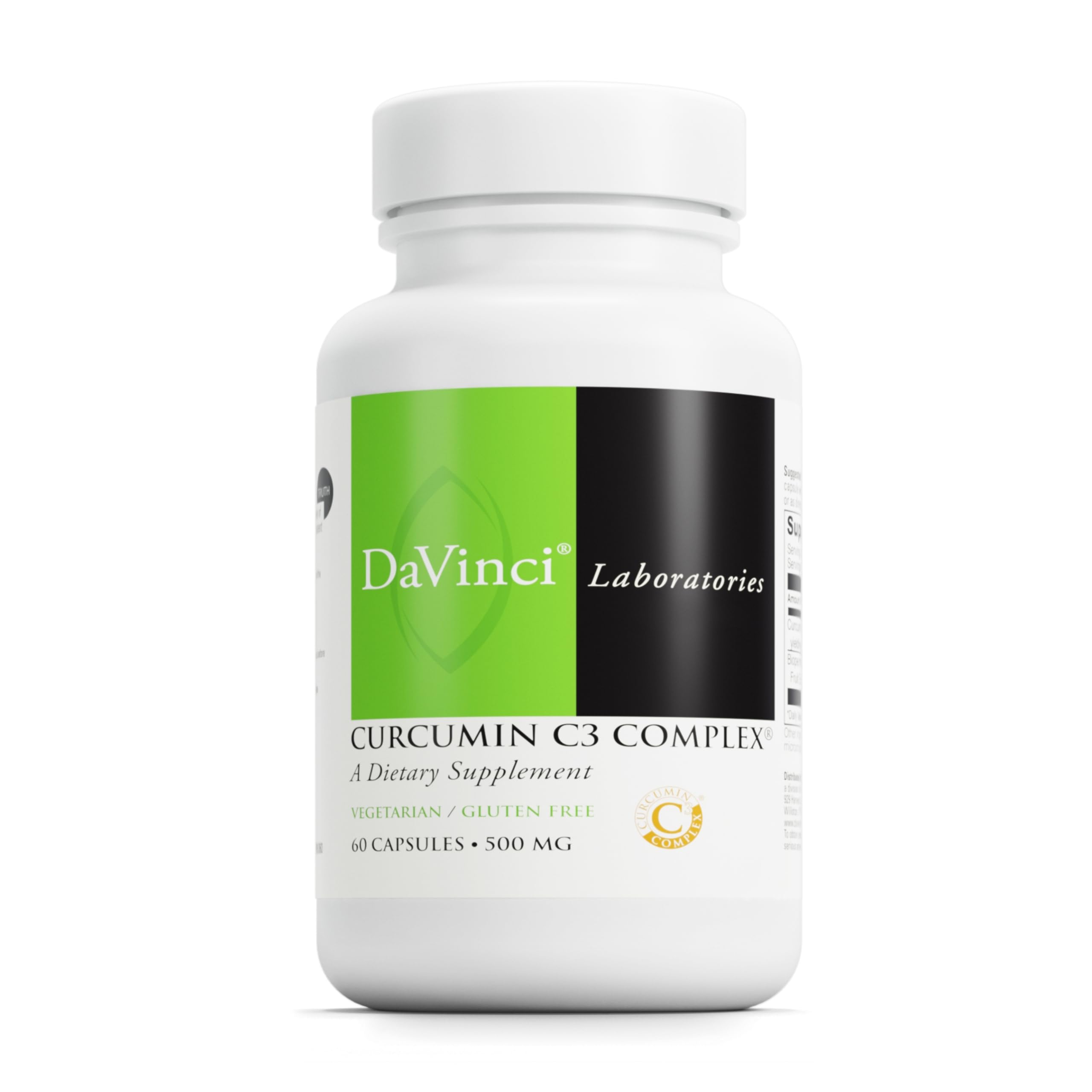 DAVINCI Curcumin C3 Complex bottle front displaying gluten-free, vegetarian capsules for daily support