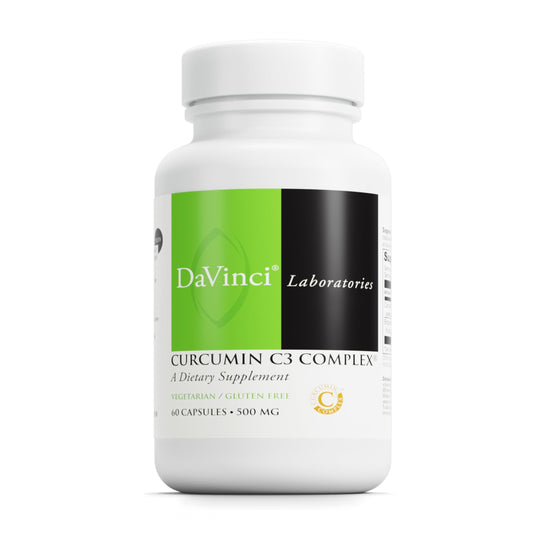 DAVINCI Curcumin C3 Complex bottle front displaying gluten-free, vegetarian capsules for daily support
