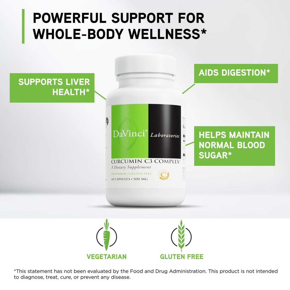 DAVINCI Curcumin C3 Complex capsules close-up suggests easy daily use