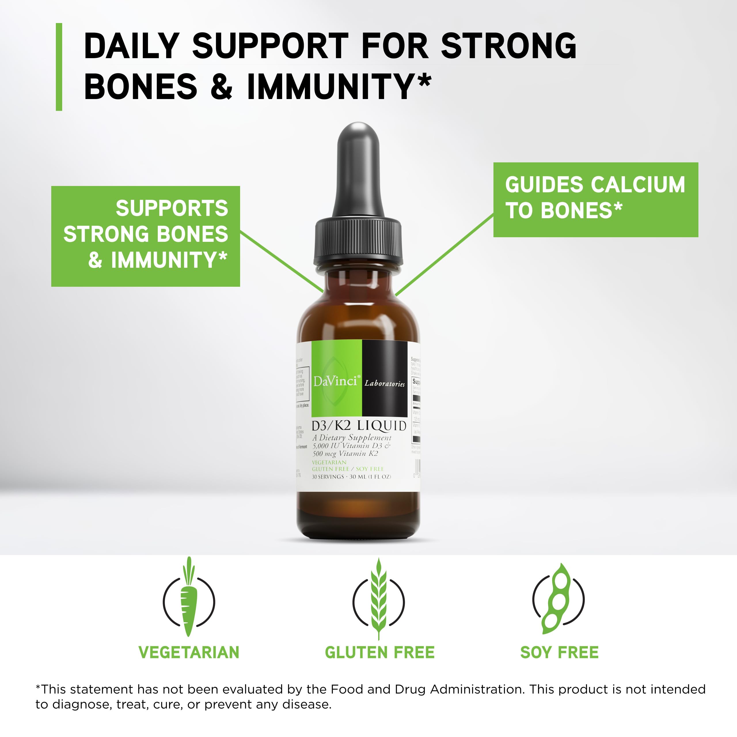 DAVINCI D3/K2 Liquid dropper for precise daily dosing and calcium support.