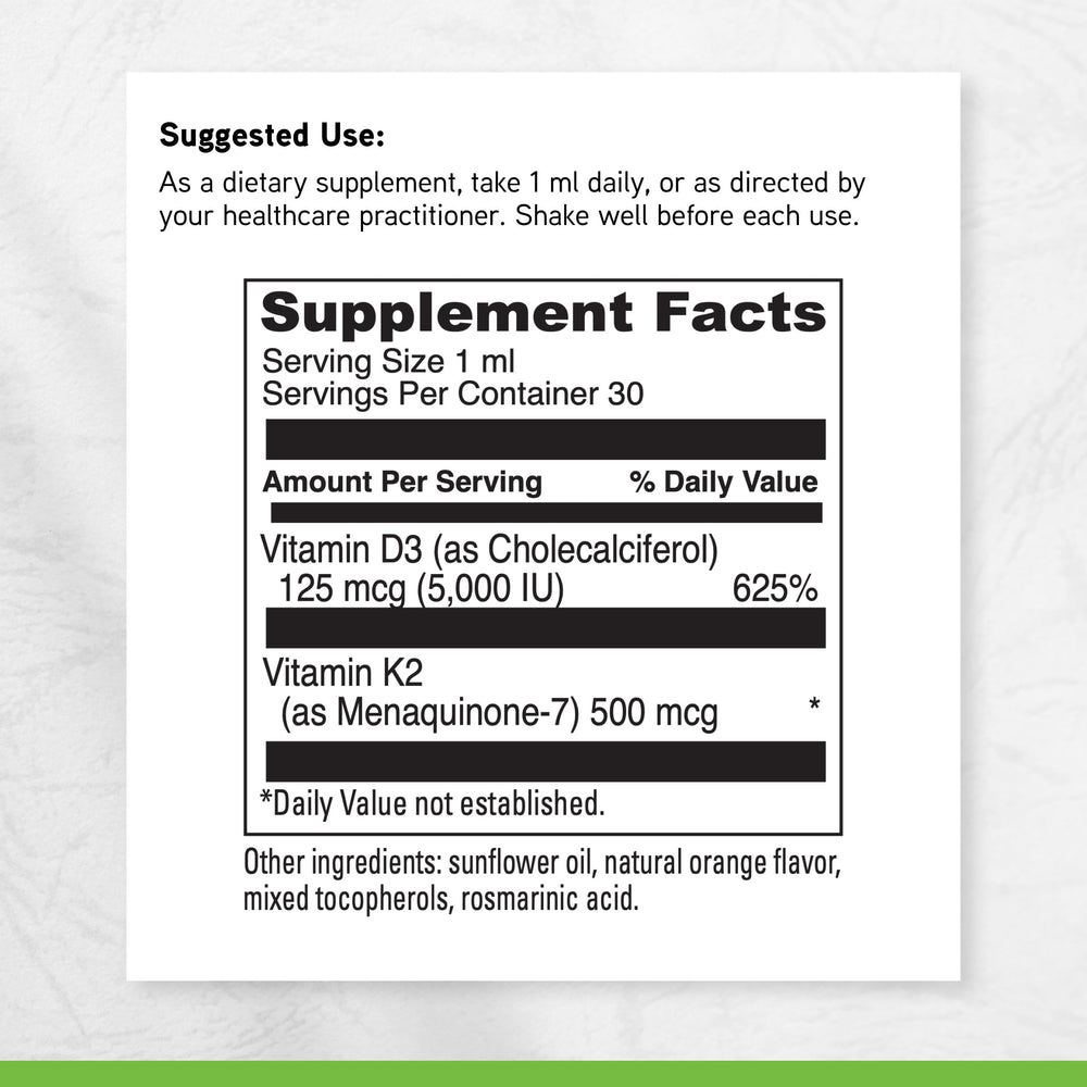 DAVINCI D3/K2 Liquid nutrition facts close-up with serving details.