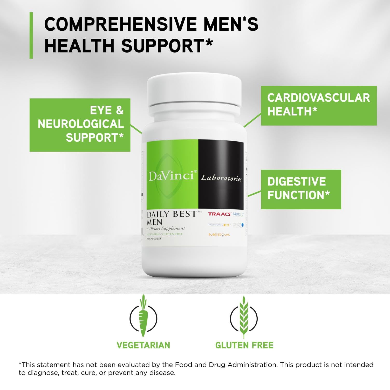 DAVINCI Daily Best Men label highlighting vitamins and gluten-free features