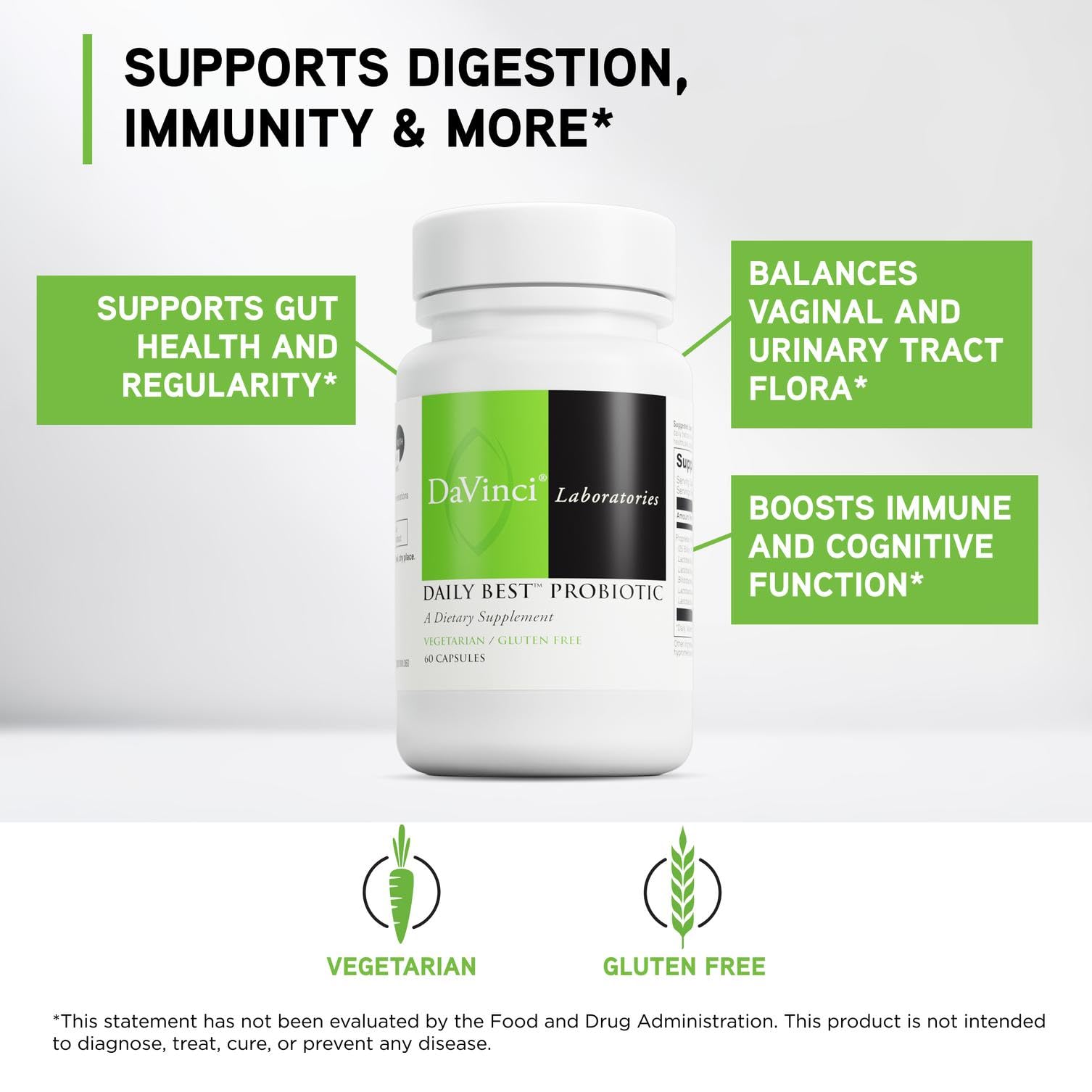 DAVINCI Daily Best Probiotic label highlights vegetarian and gluten-free status.