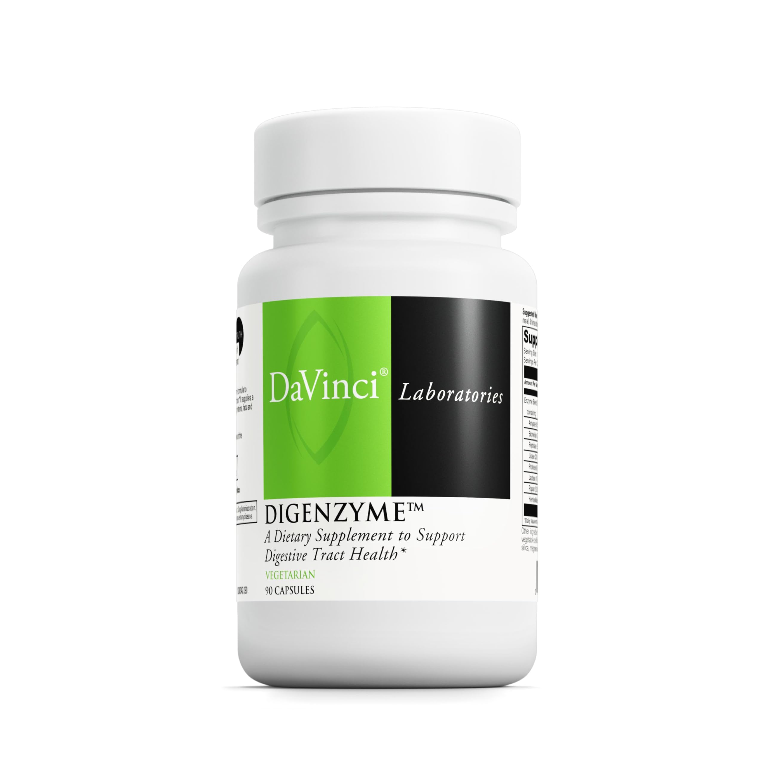 DAVINCI Digenzyme bottle-front shows a vegetarian enzyme blend for digestion support
