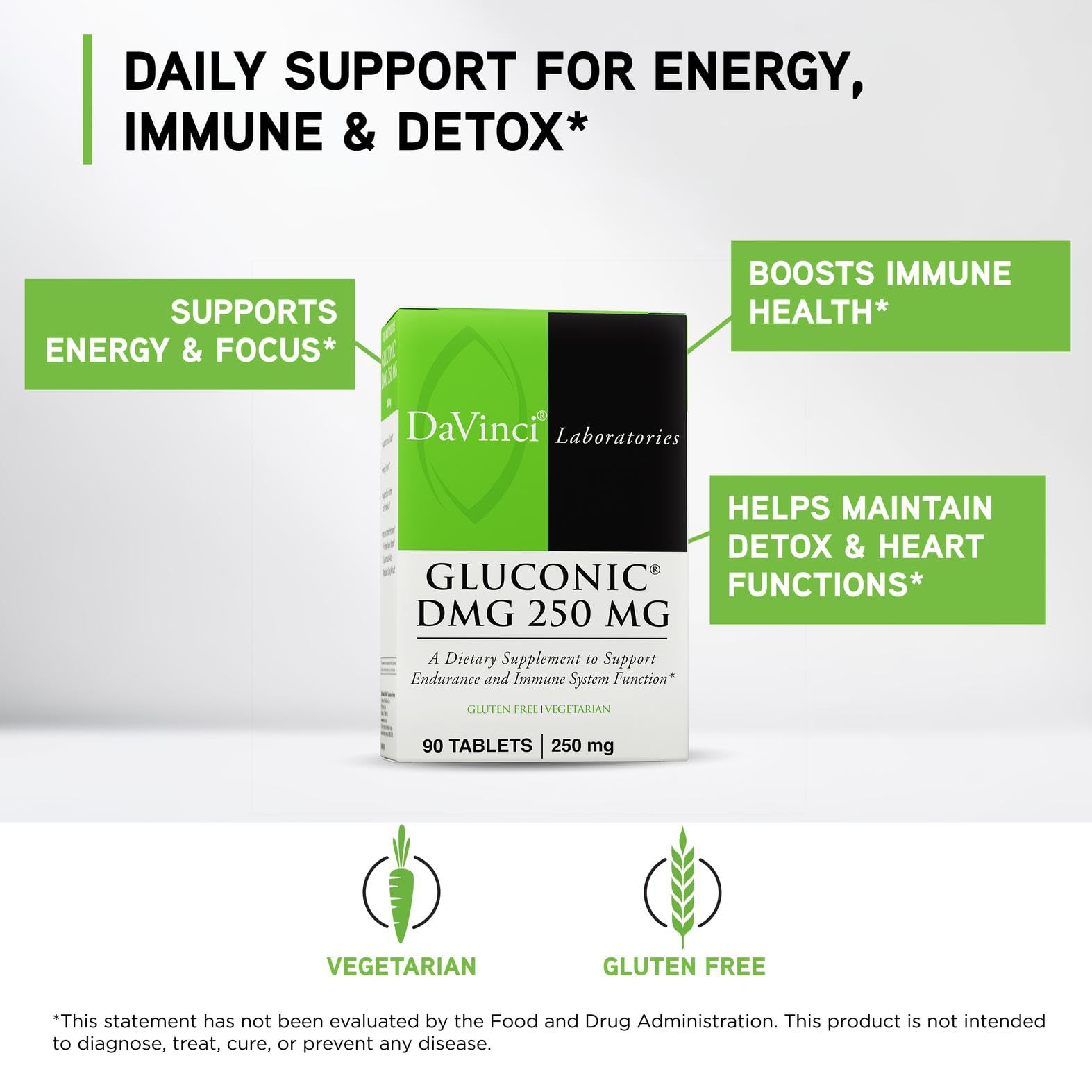 DaVinci Gluconic DMG tablets stacked for simple daily use.
