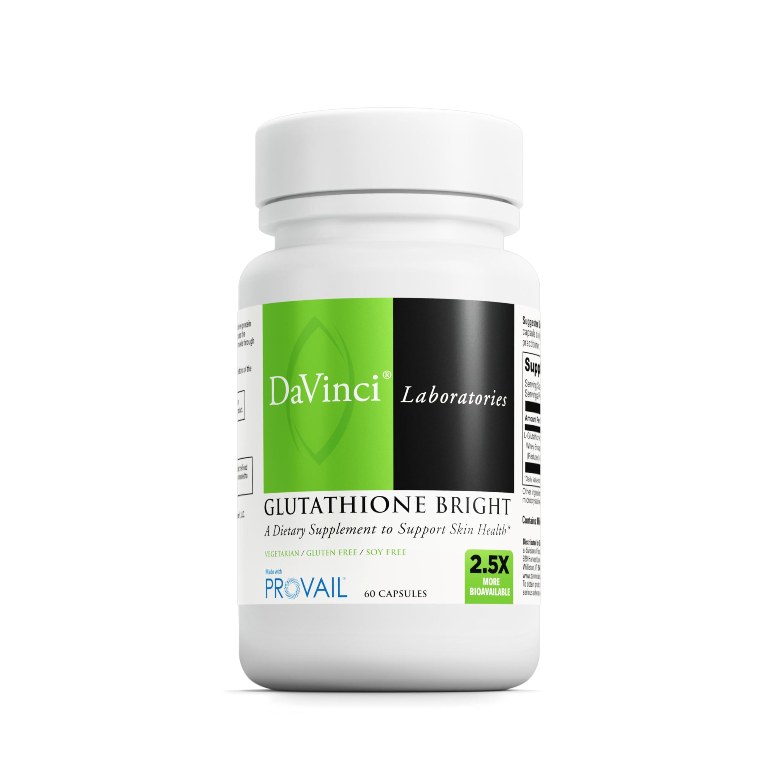 DAVINCI Glutathione Bright bottle front, premium skin support in view