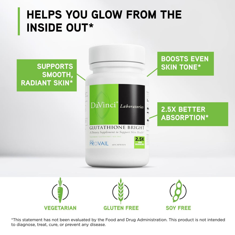 DAVINCI Glutathione Bright label detail highlights whey-enhanced absorption