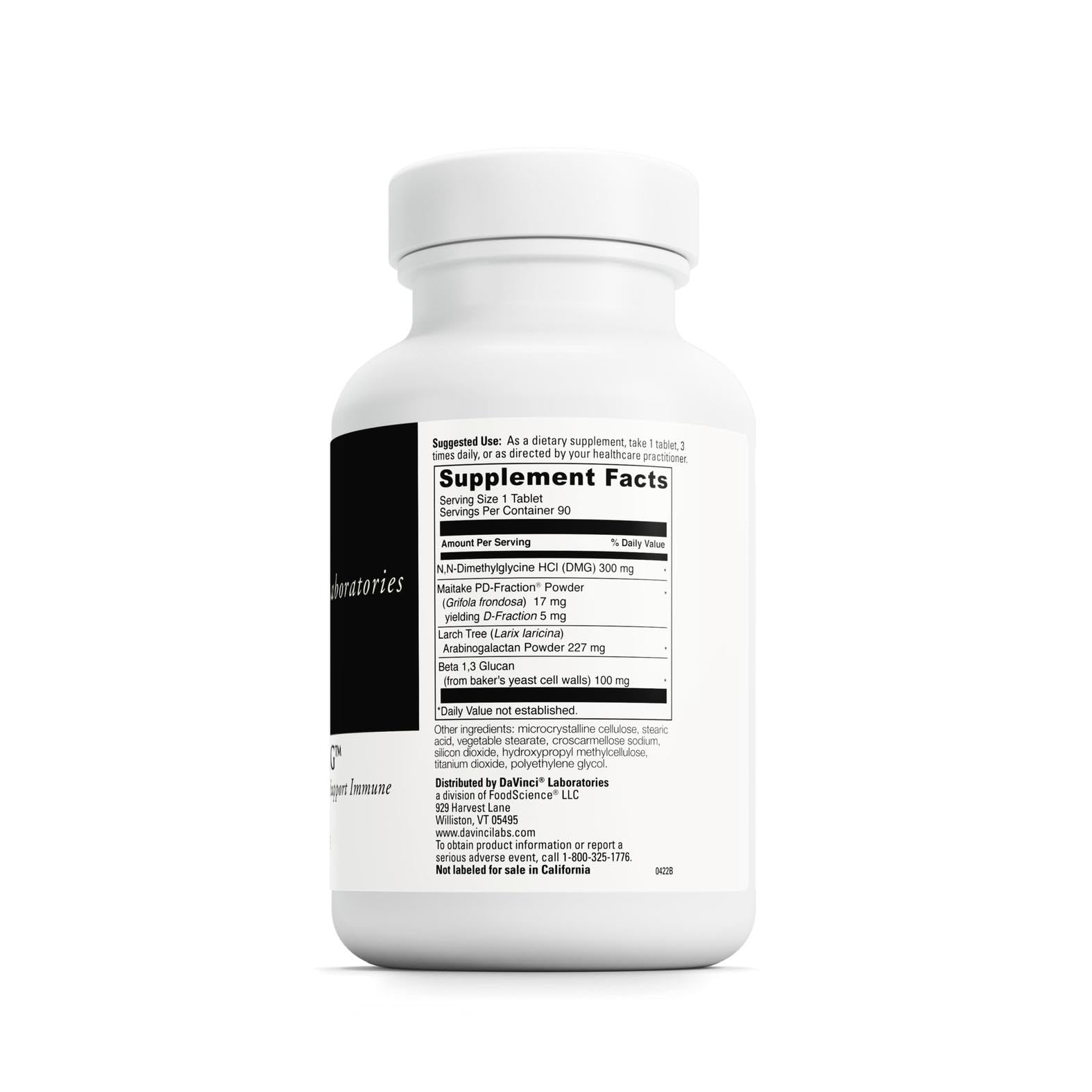 DAVINCI Immuno-DMG tablets close-up, easy-to-take vegetarian format for daily use.