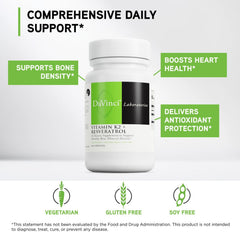 DaVinci K2 & Resveratrol label close-up highlighting quality ingredients.