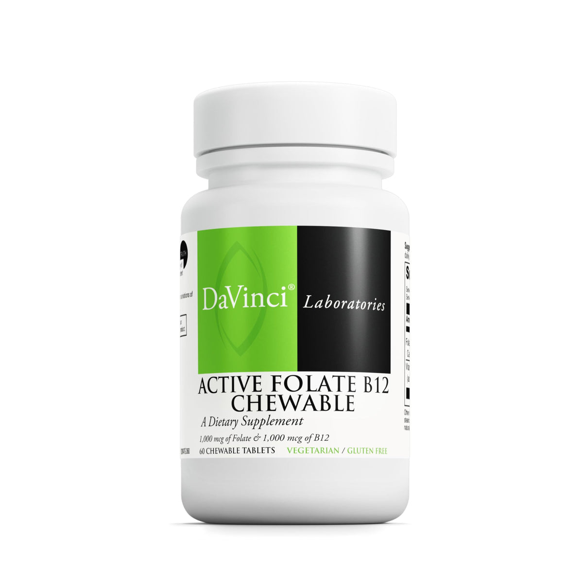 DAVINCI Active Folate B12 bottle shown for daily energy and immune support.