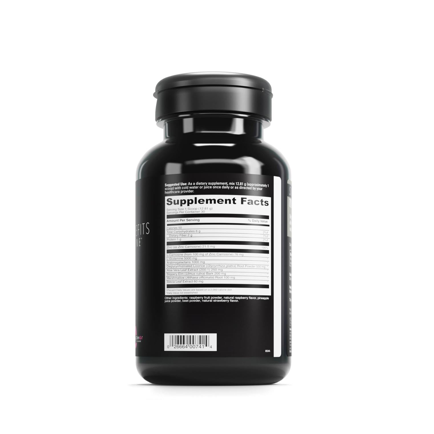 Close-up of ingredients highlighting zinc and L-Glutamine for gut wellness